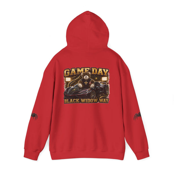 Black Widow Performance Hoodie with racing graphic and kangaroo pocket in black