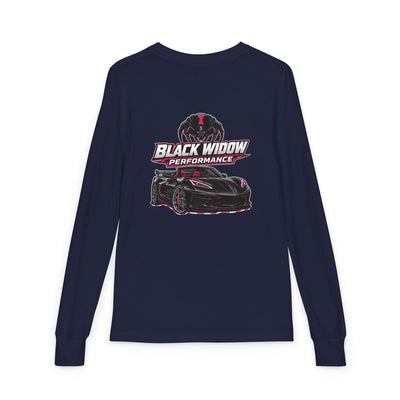 Youth Long Sleeve Tee — 'Be Nice You Jerk' Spider Graphic Front & Black Widow Performance Car Back