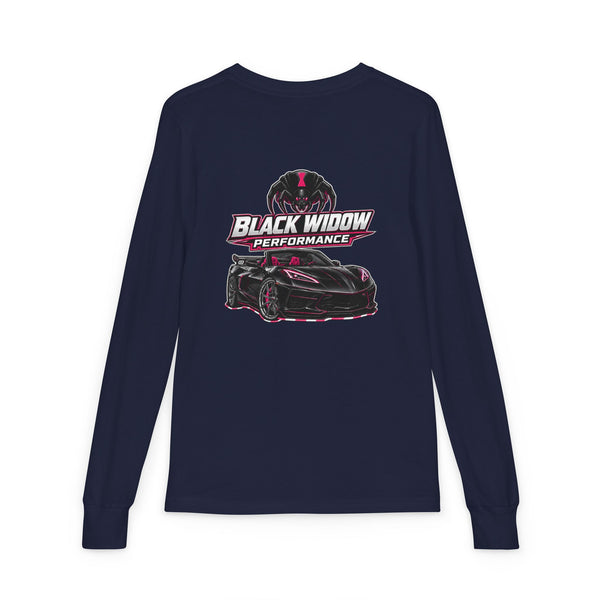 Youth Long Sleeve Tee — 'Be Nice You Jerk' Spider Graphic Front & Black Widow Performance Car Back