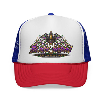 Black Widow Performance Trucker Hat — Retro Skull & Arachnid Mesh Cap