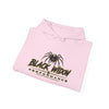 Black Widow Performance Hoodie with racing graphic, black cotton-poly pullover with spider accents and kangaroo pocket