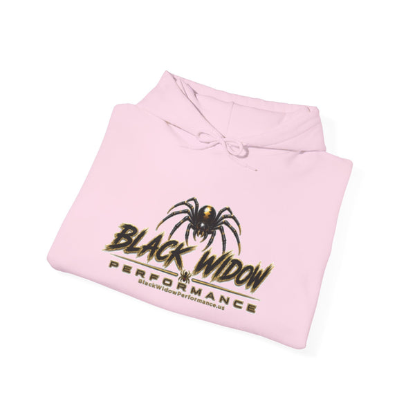 Black Widow Performance Hoodie with racing graphic, black cotton-poly pullover with spider accents and kangaroo pocket