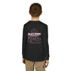 Youth Long Sleeve Tee — 'Be Nice You Jerk' Spider Graphic Front & Black Widow Performance Car Back