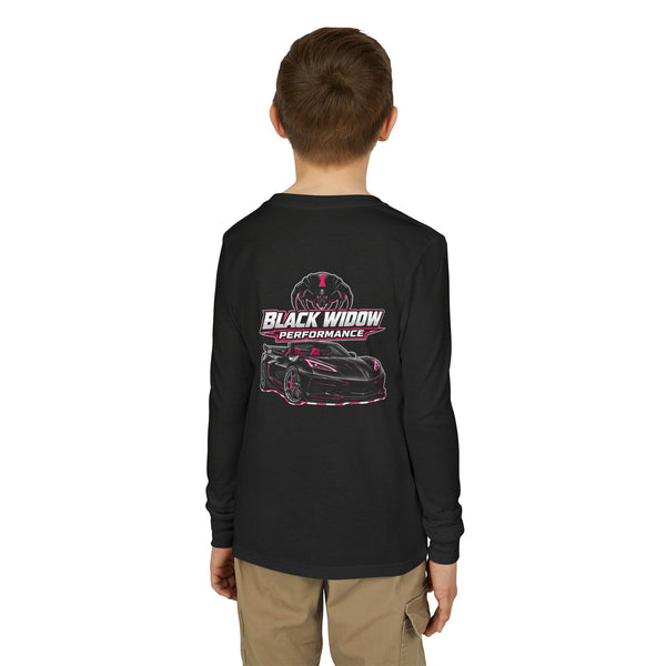 Youth Long Sleeve Tee — 'Be Nice You Jerk' Spider Graphic Front & Black Widow Performance Car Back