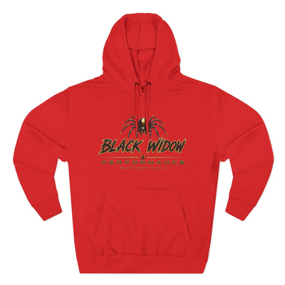 Black Widow Performance Hoodie medium-heavy fleece with adjustable hood and kangaroo pocket featuring motorsport spider logo and bold Game Day graphic