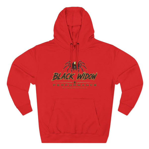 Black Widow Performance Hoodie medium-heavy fleece with adjustable hood and kangaroo pocket featuring motorsport spider logo and bold Game Day graphic