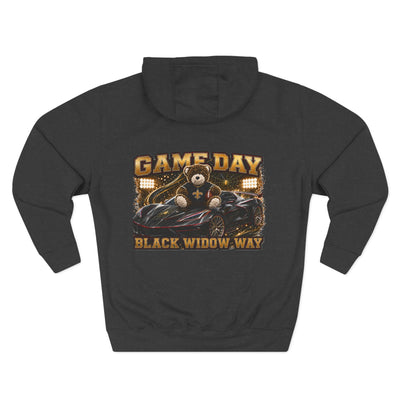 Black Widow Performance Hoodie black fleece pullover with spider logo and Game Day racing graphics