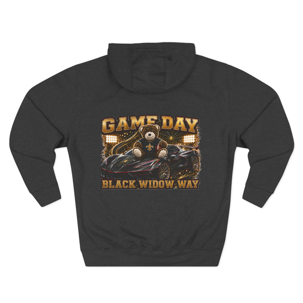 Black Widow Performance Hoodie black fleece pullover with spider logo and Game Day racing graphics