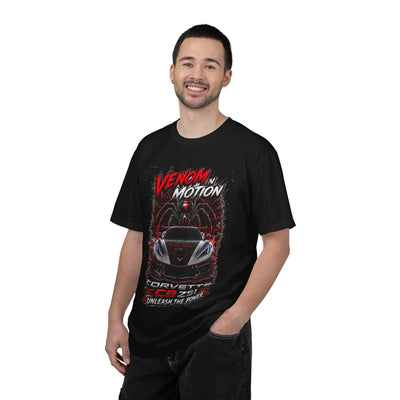 Venom in Motion Corvette C8 T-Shirt with aggressive car and black widow graphic on black garment-dyed cotton
