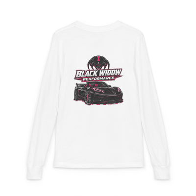 Youth Long Sleeve Tee — 'Be Nice You Jerk' Spider Graphic Front & Black Widow Performance Car Back