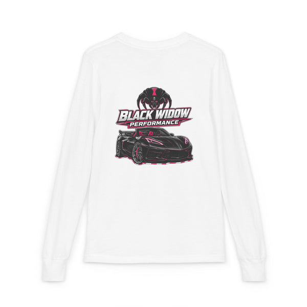 Youth Long Sleeve Tee — 'Be Nice You Jerk' Spider Graphic Front & Black Widow Performance Car Back