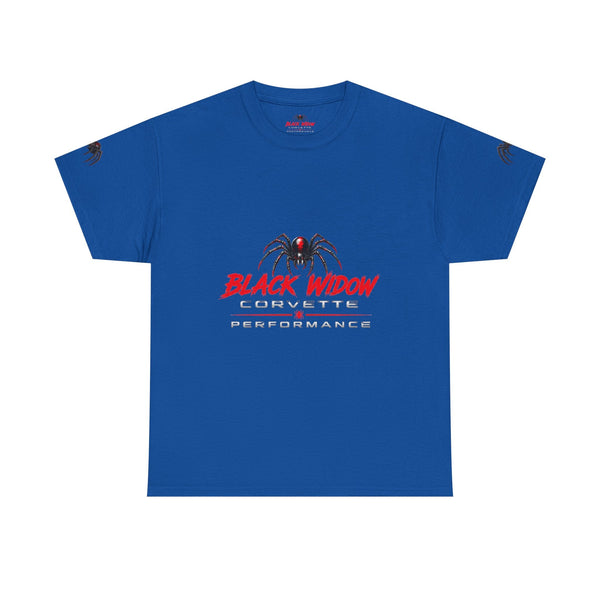 Black Widow Corvette performance tee with vintage graphic and size guide table