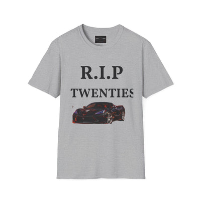 Black Widow Corvette R.I.P. Twenties T-shirt with vintage 1920s design and size guide table