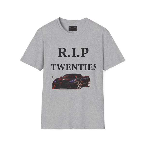 Black Widow Corvette R.I.P. Twenties T-shirt with vintage 1920s design and size guide table