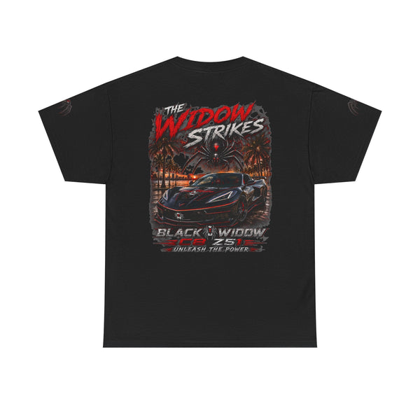 Black Widow Corvette graphic T-shirt with vintage muscle car design and moonlit race scene