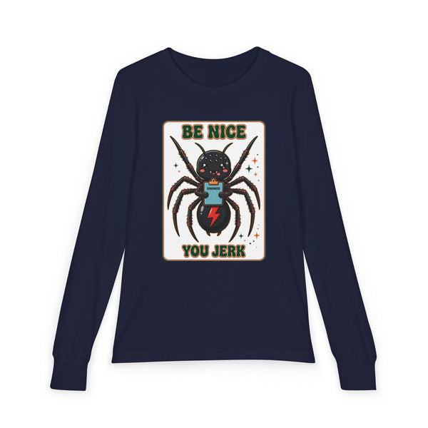 Youth Long Sleeve Tee — 'Be Nice You Jerk' Spider Graphic Front & Black Widow Performance Car Back