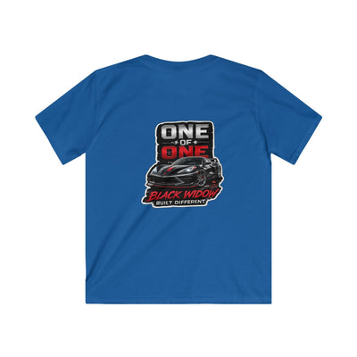 Kids black C8 Corvette One of One Black Widow tee shirt with sports car graphic