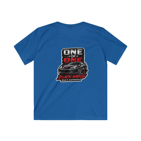 Kids black C8 Corvette One of One Black Widow tee shirt with sports car graphic