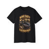 Black heavyweight Who Dat? racing graphic tee with black widow emblem and vintage design