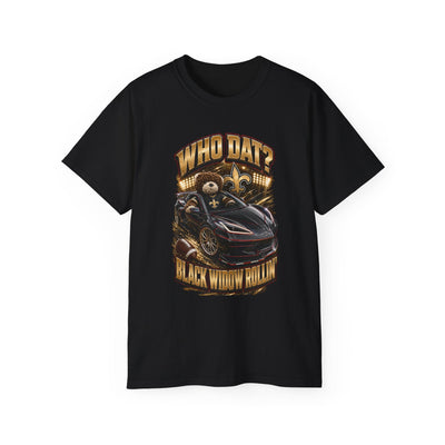Black heavyweight Who Dat? racing graphic tee with black widow emblem and vintage design