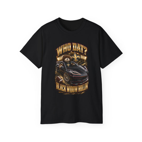 Black heavyweight Who Dat? racing graphic tee with black widow emblem and vintage design