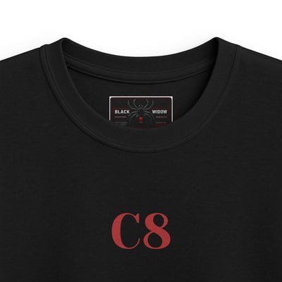 Kids black C8 Corvette One of One Black Widow tee with car graphic and ribbed collar