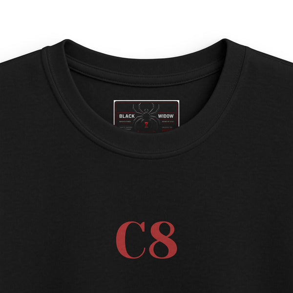 Kids black C8 Corvette One of One Black Widow tee with car graphic and ribbed collar