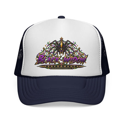Black Widow Performance Trucker Hat — Retro Skull & Arachnid Mesh Cap