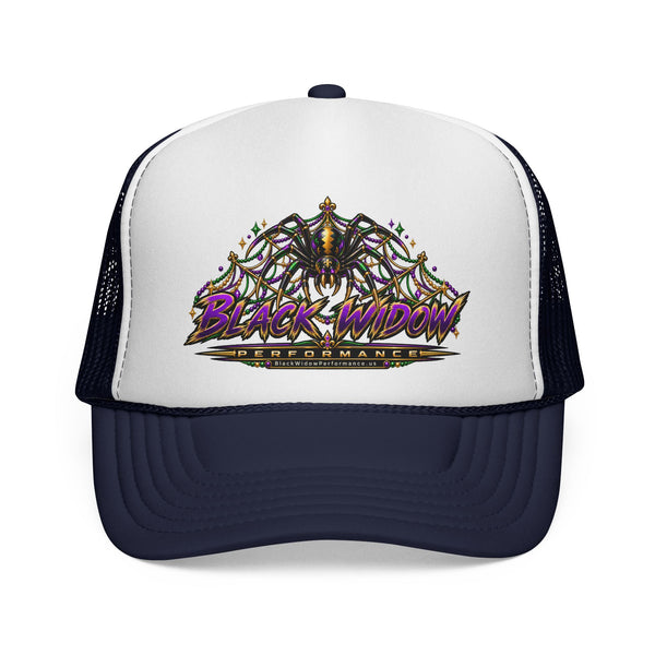 Black Widow Performance Trucker Hat — Retro Skull & Arachnid Mesh Cap