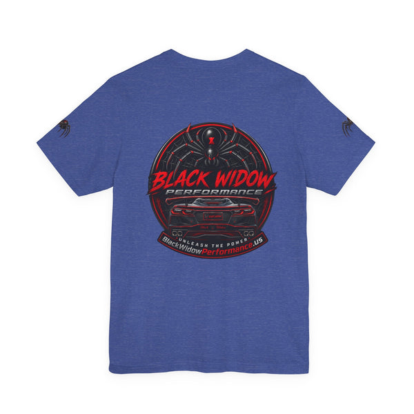 Black Veteran Corvette C8 Tee with Black Widow Performance graphic on black cotton shirt