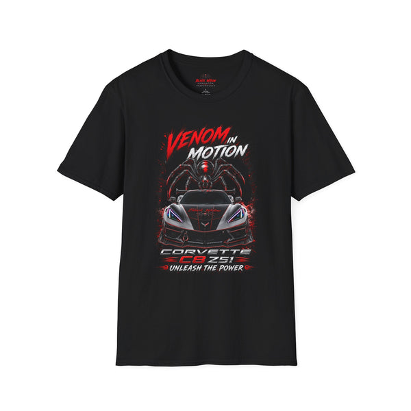 Black Widow Performance Venom in Motion Corvette tee with racing spider graphic on black lightweight cotton shirt