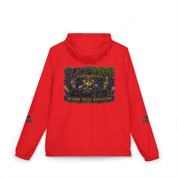 Black Widow Mardi Gras windbreaker jacket with "March Goes Insanity" graphic and pale camo design