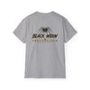 Black heavyweight Who Dat? Black Widow racing graphic tee with vintage feel and low racing silhouette under stadium lights