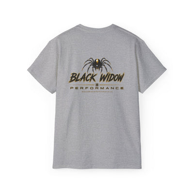 Black heavyweight Who Dat? Black Widow racing graphic tee with vintage feel and low racing silhouette under stadium lights