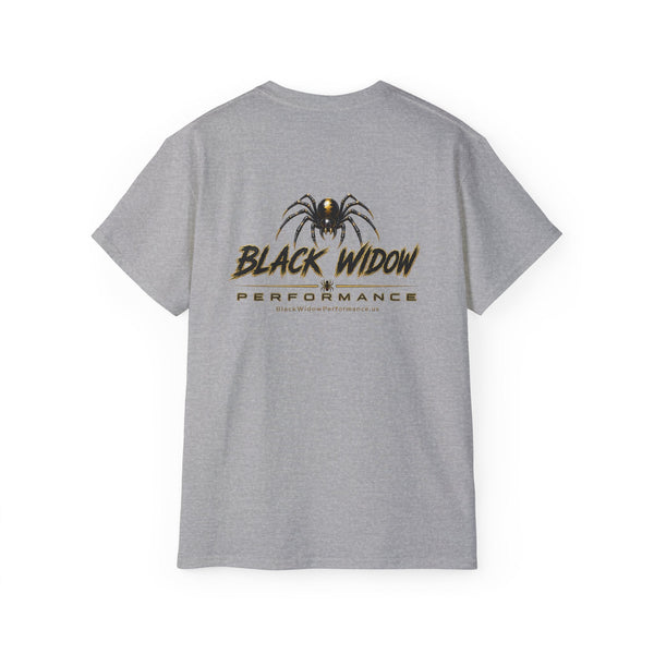 Black heavyweight Who Dat? Black Widow racing graphic tee with vintage feel and low racing silhouette under stadium lights