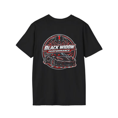Black Widow Performance Venom in Motion Corvette tee with racing spider graphic on black crewneck shirt