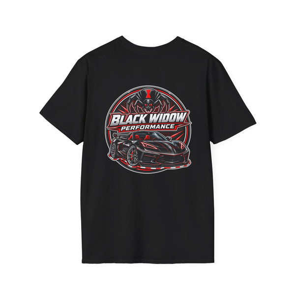 Black Widow Performance Venom in Motion Corvette tee with racing spider graphic on black crewneck shirt