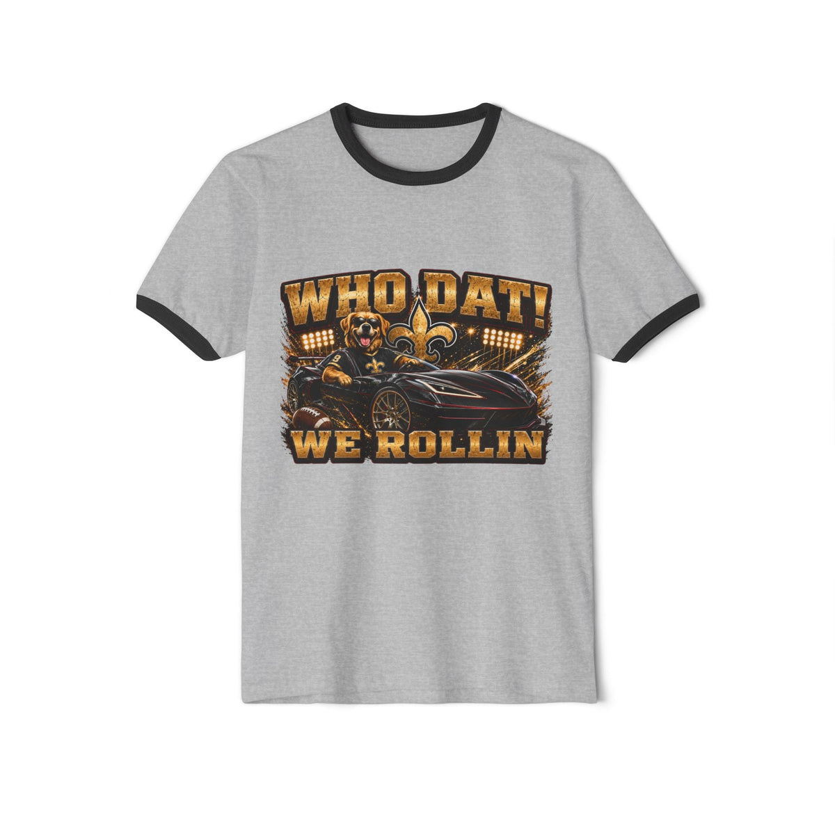 Black Who Dat We Rollin' ringer tee with stadium lights and fleur-de-lis graphic front, Black Widow emblem back, vintage collar and sleeve trim