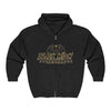 Black Widow full-zip hoodie in Saints colors with bold graphic and racing streetwear style