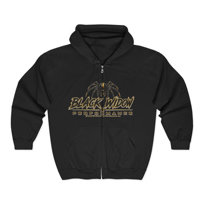 Black Widow full-zip hoodie in Saints colors with bold graphic and racing streetwear style