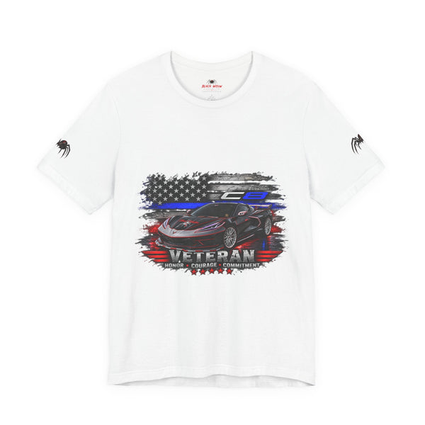 Black Veteran Corvette C8 Tee with Black Widow Performance graphic on black cotton shirt