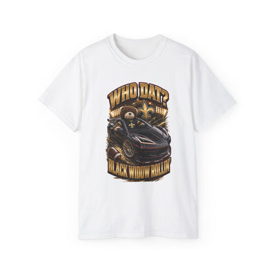 Black vintage Who Dat? Black Widow racing graphic tee with bold chest print and rear black widow emblem