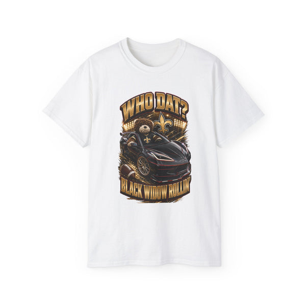 Black vintage Who Dat? Black Widow racing graphic tee with bold chest print and rear black widow emblem