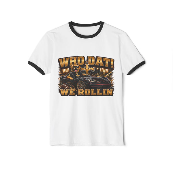Black Who Dat We Rollin' Ringer Tee with contrasting collar and sleeve trim, bold graphic front and Black Widow Performance emblem on back