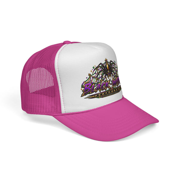 Black Widow Performance Trucker Hat — Retro Skull & Arachnid Mesh Cap