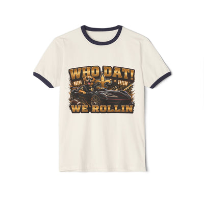 Black Who Dat We Rollin' Ringer Tee with bold fan graphic and Black Widow logo on back