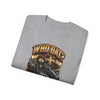 Black heavyweight Who Dat? racing graphic tee with black widow emblem and vintage feel