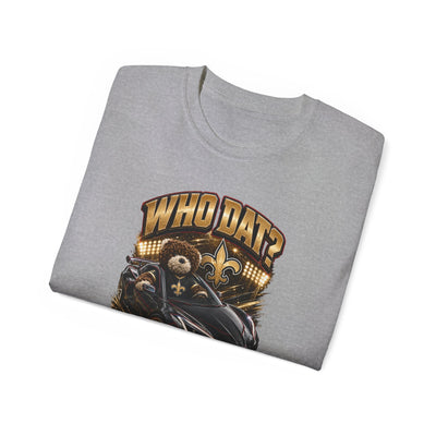 Black heavyweight Who Dat? racing graphic tee with black widow emblem and vintage feel