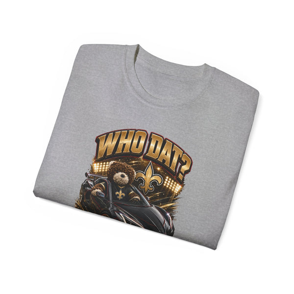 Black heavyweight Who Dat? racing graphic tee with black widow emblem and vintage feel