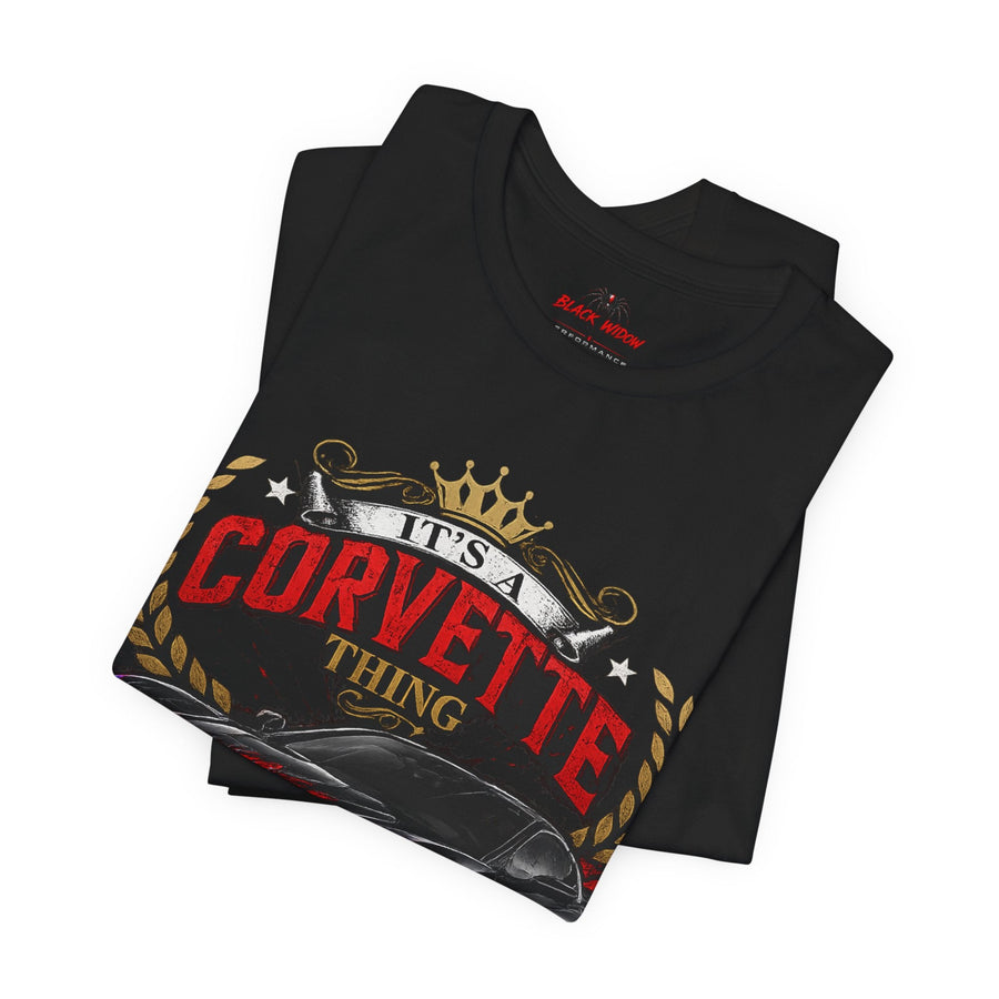 Black Widow Corvette C8 Tee with snarling Corvette graphic and molten orange highlights on lightweight breathable cotton shirt